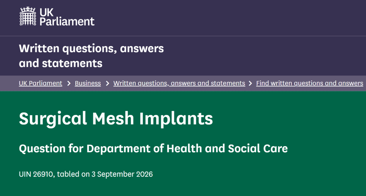 Written Parliamentary Question MP Sharon Hodgson mesh removal